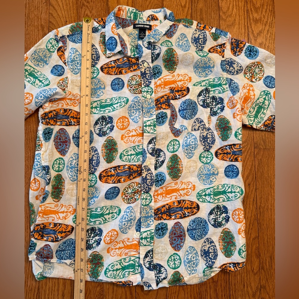 Land’s End Men’s Button Down Short Sleeve Size Large 100% Linen Surf Print